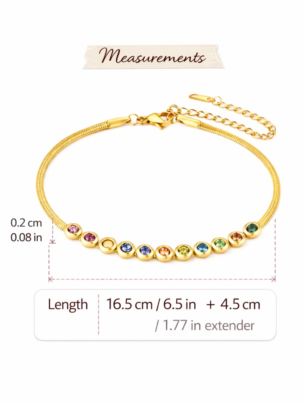 18K Gold Plated Rainbow Gem Bracelet – CZ Stones, Waterproof, Adjustable - Picture 3 of 6